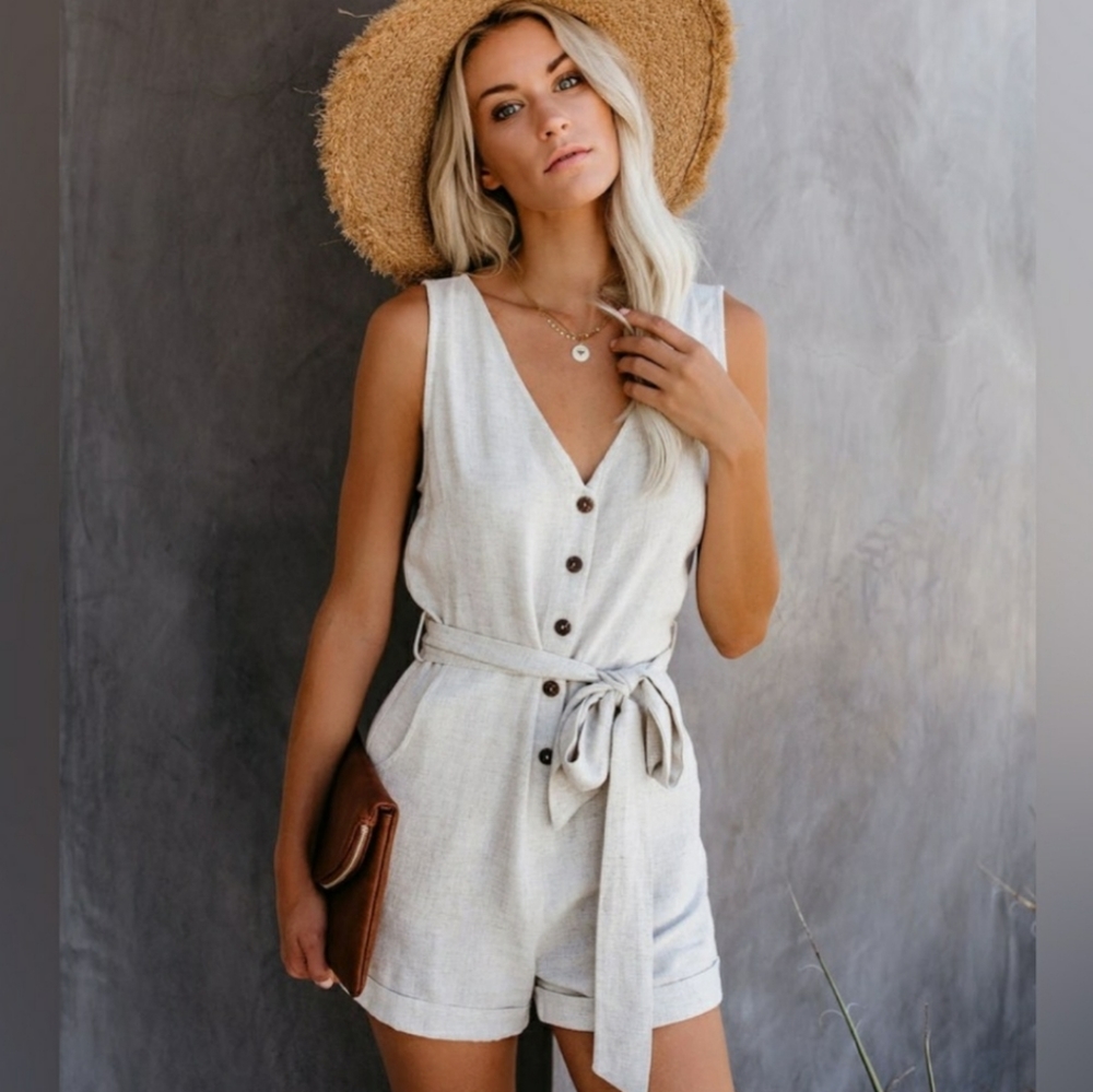Vici Garner Pocketed Button Down Tie Romper